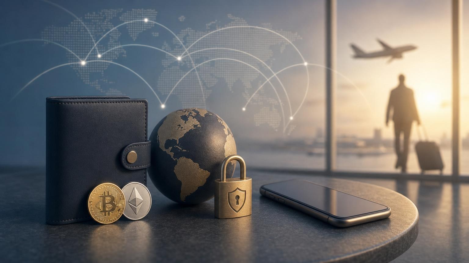 Viajante conferindo no celular o endereço, a rede e o estado de uma transferência de criptomoedas antes de confirmá-la